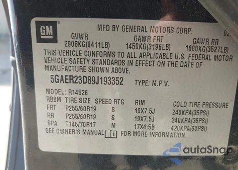 2009 Buick Enclave Cxl z USA, uszkodzony, nr VIN 5GAER23D89J193352